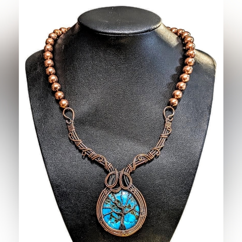 Persian Turquoise Pendant Necklace With Copper Wire And Copper Beads